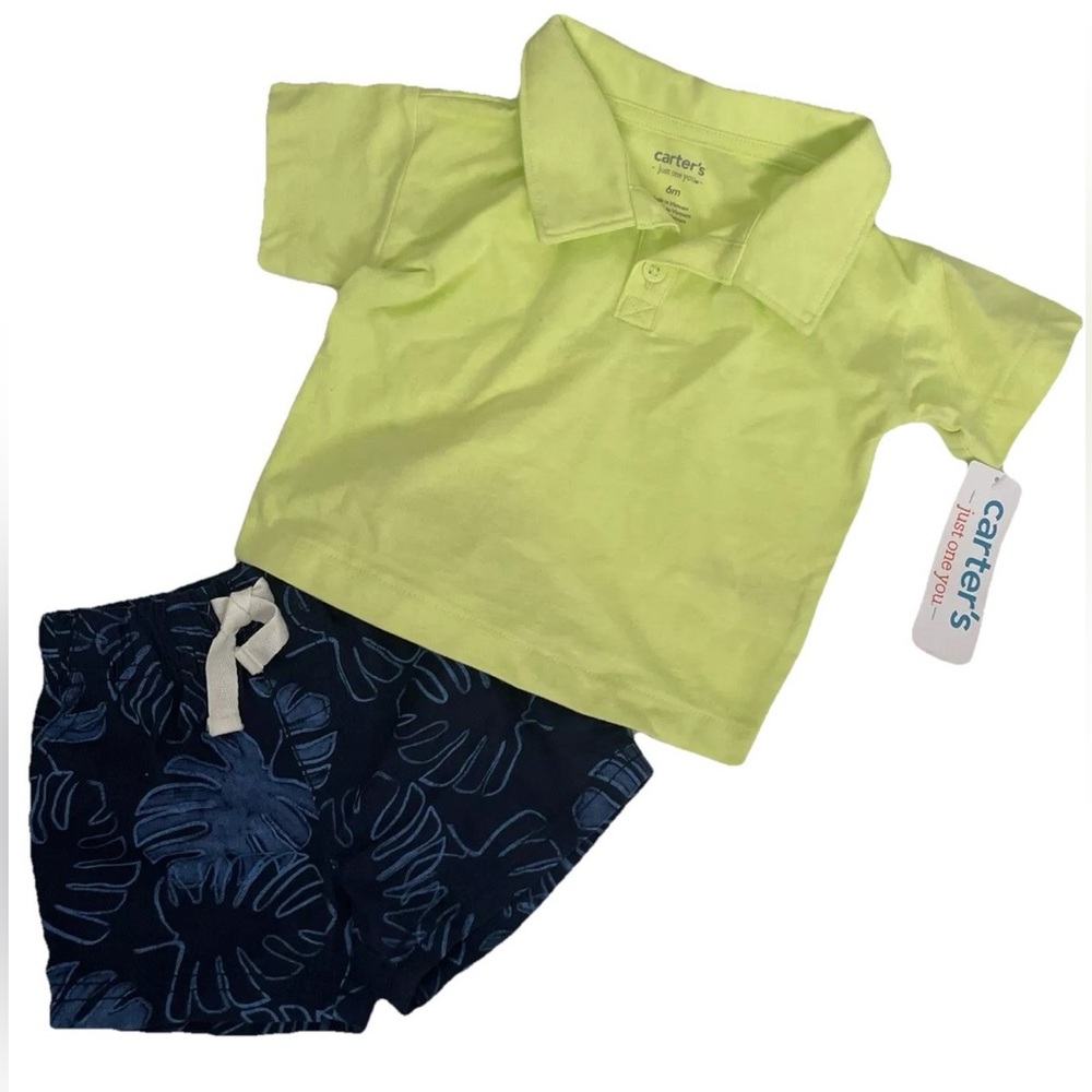 Carter's Lime Polo Shirt with Navy Leaf-Print Shorts